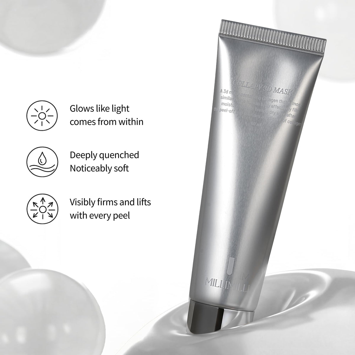 millimilli ingredients panel close-up, shows vegan collagen and soothing actives