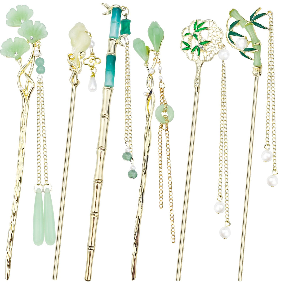 Milovgvset front set showing six decorative hair sticks for versatile styling