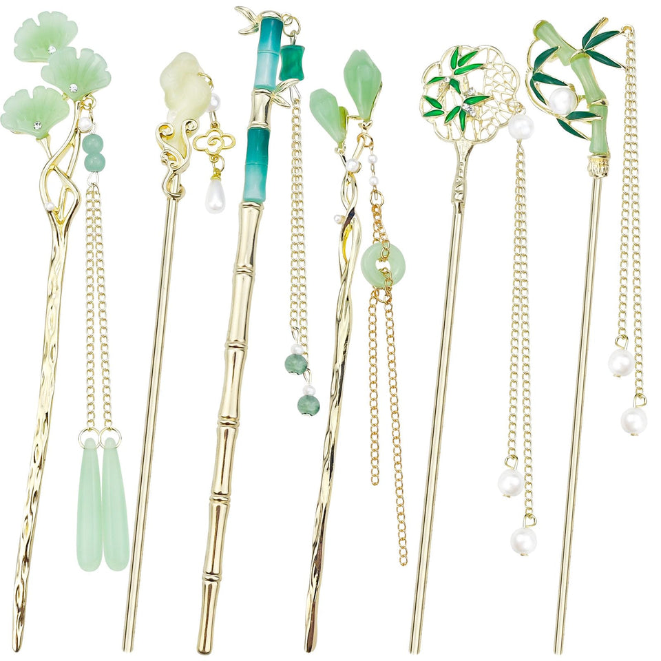 Milovgvset front set showing six decorative hair sticks for versatile styling