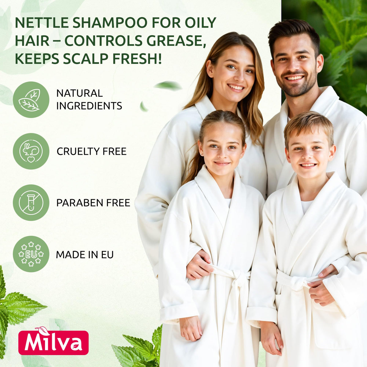 Milva nettle shampoo back label highlighting ingredients and directions