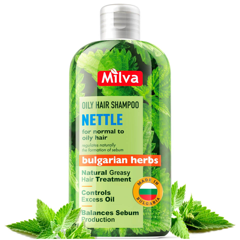 Milva nettle shampoo front bottle showing clean packaging and clear benefit