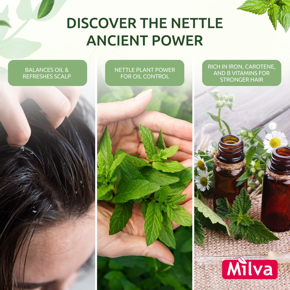 Milva nettle shampoo bottle in bathroom scene suggesting everyday use