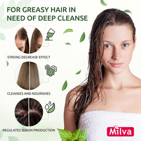 Milva nettle shampoo cap and pump close-up for easy dispensing