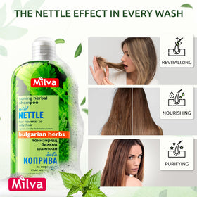 Milva nettle shampoo next to a common 200ml comparison for scale