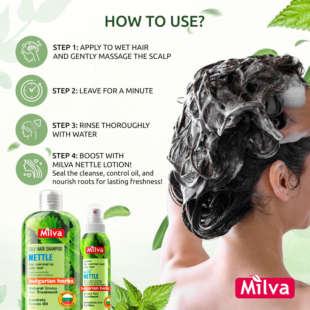 Milva nettle shampoo with fresh nettle plant emphasizing botanical extract