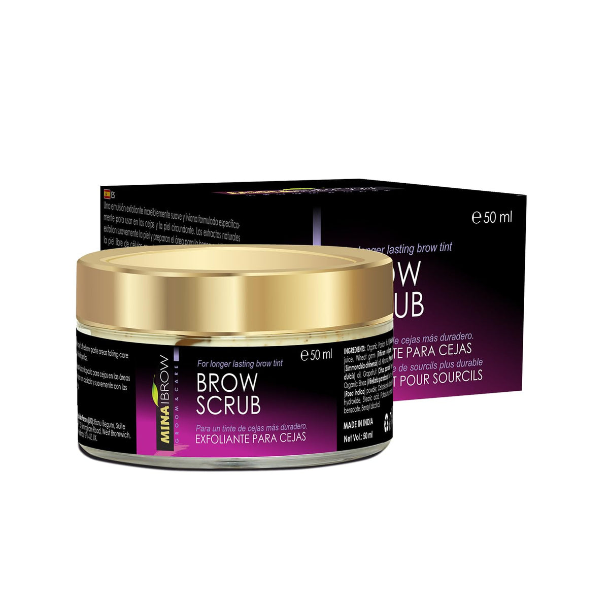 MinaiBrow front packaging showing bottle and label, clear prep benefits
