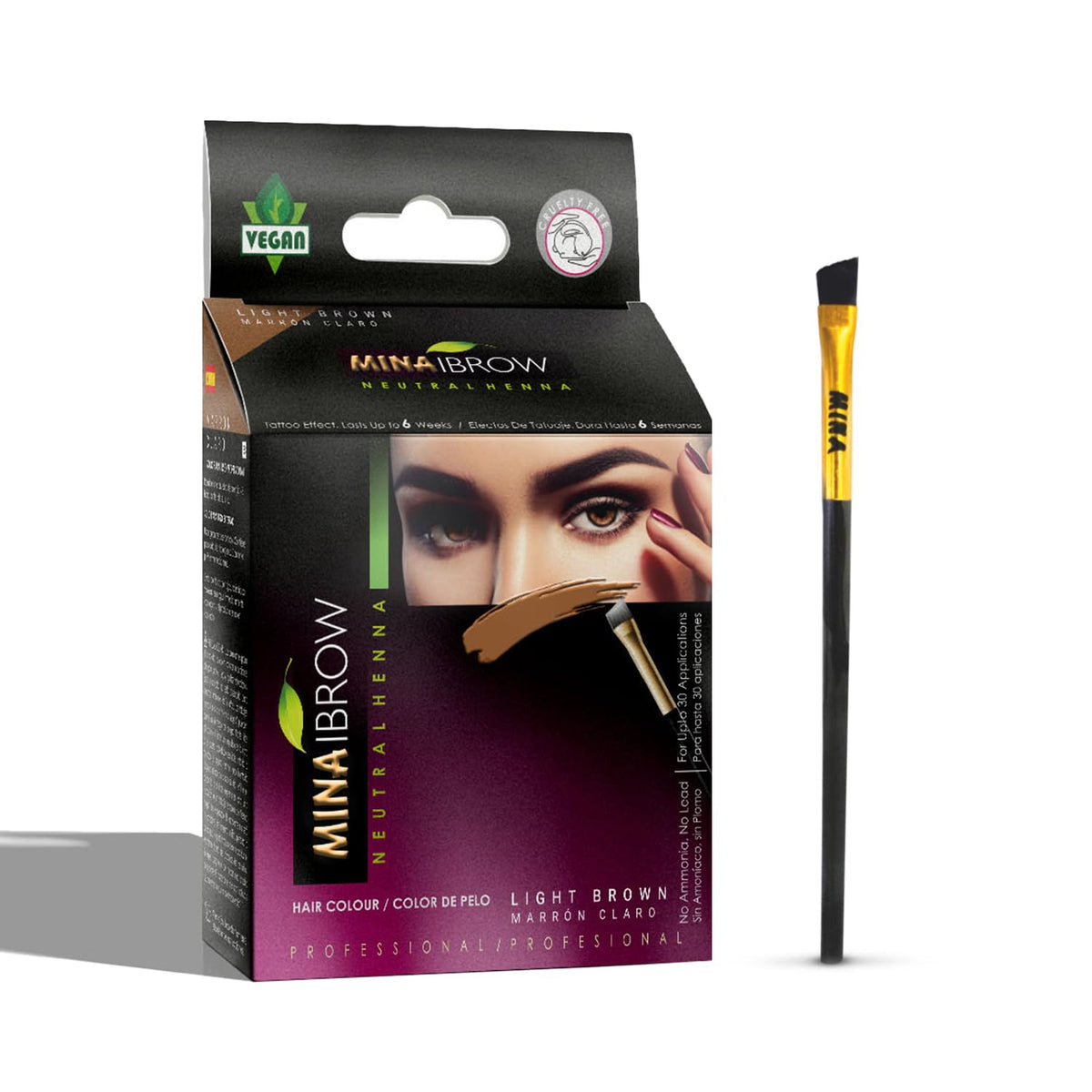 MinaiBrow front packaging showing light brown tint and kit benefits