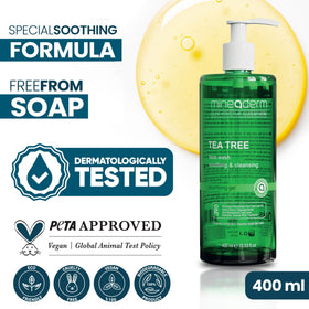 Mineaderm face wash on bathroom counter in routine setting, suggests daily balanced cleanse