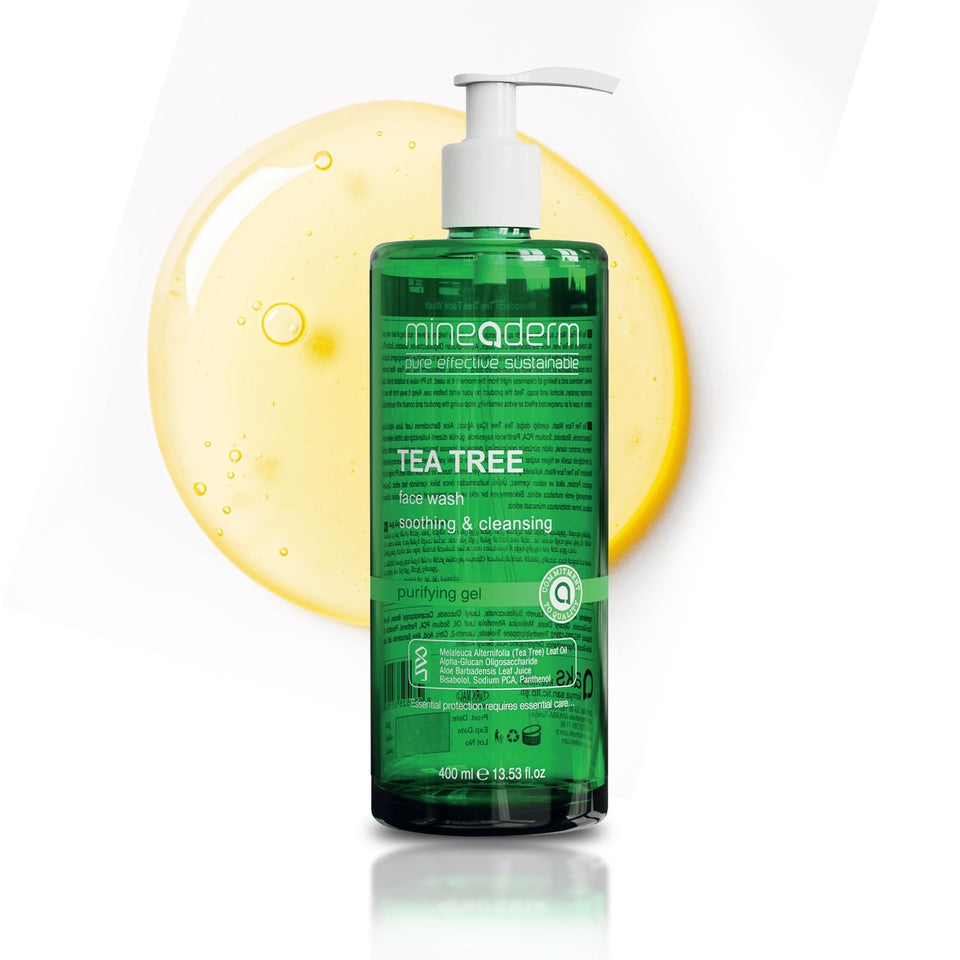 Mineaderm front packaging showing tea tree face wash, clear benefit hydrating cleanse