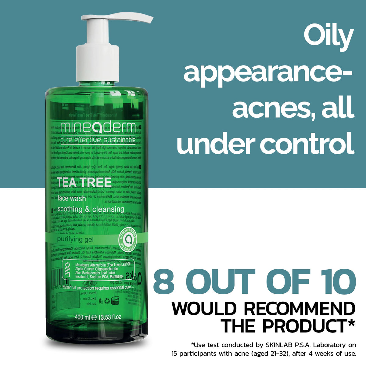 Mineaderm product label detail with ingredients, highlights tea tree and soothing actives