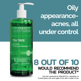 Mineaderm product label detail with ingredients, highlights tea tree and soothing actives
