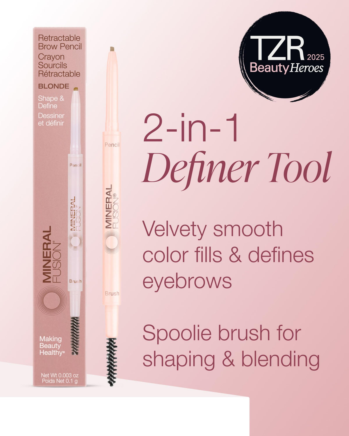 Mineral Fusion brow pencil tip close-up showing precise hairlike strokes benefit