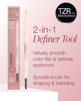 Mineral Fusion brow pencil tip close-up showing precise hairlike strokes benefit