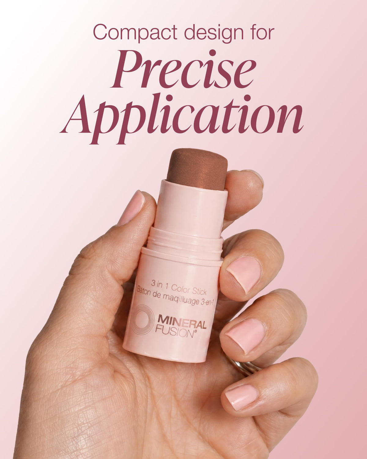 Mineral Fusion color stick applied on cheek showing natural bronze glow benefit