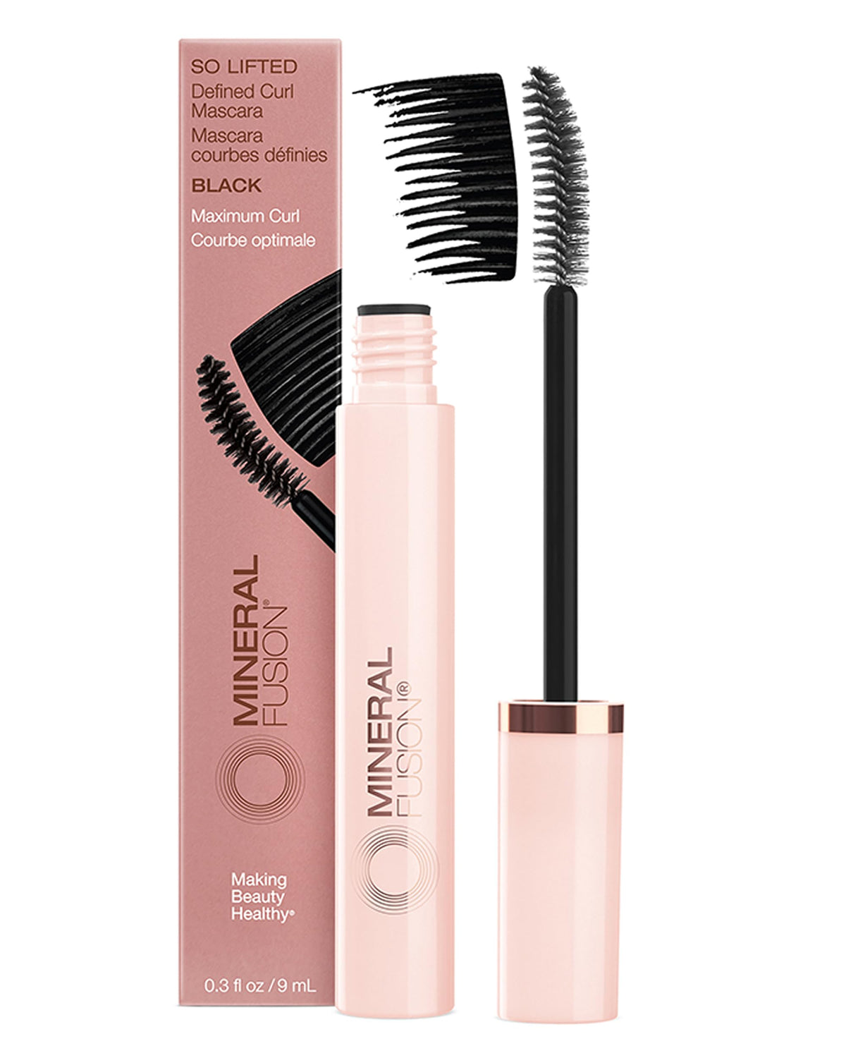 Mineral Fusion front packaging showing sleek tube and black shade for clean beauty