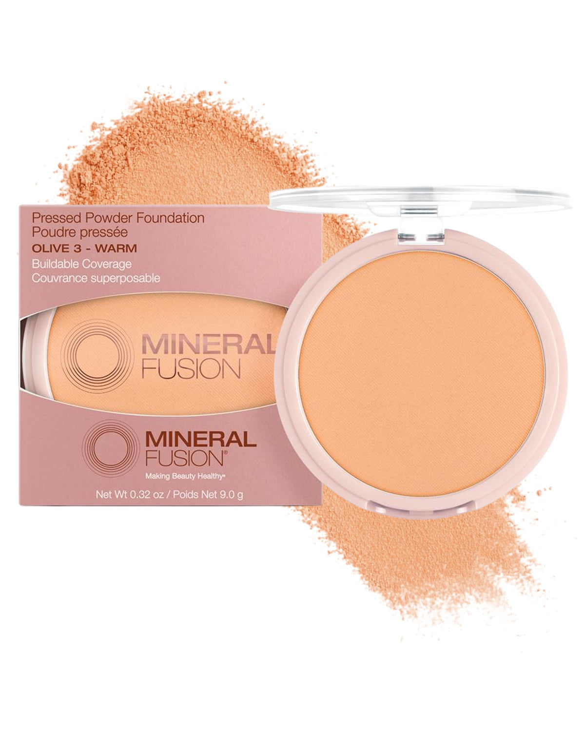 Mineral Fusion compact front view showing olive 3 shade and matte casing benefit