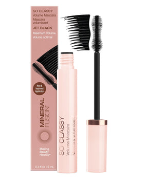 Mineral Fusion mascara tube front view showing sleek packaging and volumizing benefit