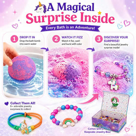 Mineral Me California bath bomb fizzing in tub with colorful water and bubbles, playful bath time