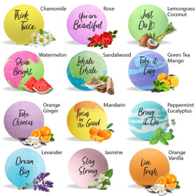 Mineral Me California twelve bath bombs arranged to display color variety and inspirational themes