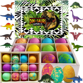 Mineral Me California front packaging showing colorful dino egg bath bombs and toys benefit: clear product view