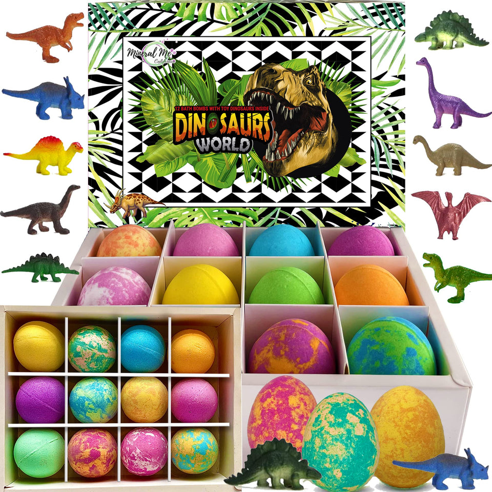 Mineral Me California front packaging showing colorful dino egg bath bombs and toys benefit: clear product view