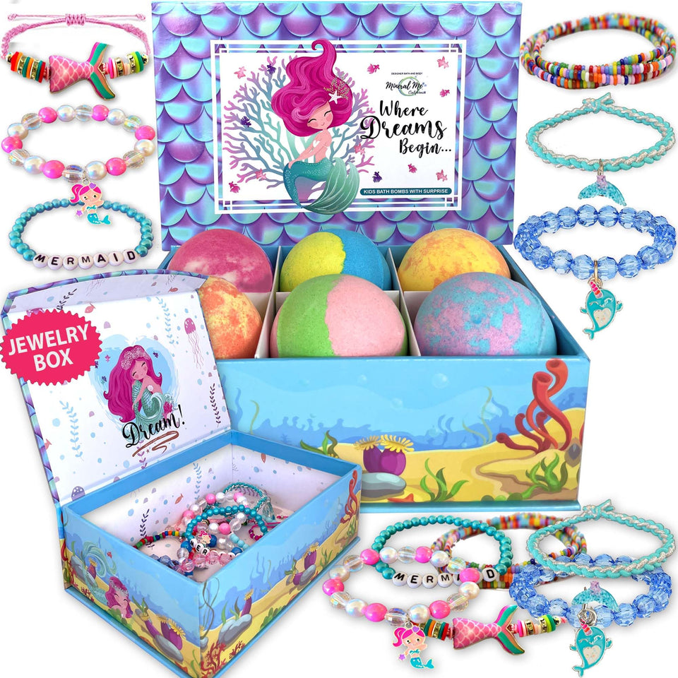 Mineral Me California front packaging showing colorful mermaid bath bombs and jewelry box, playful gift