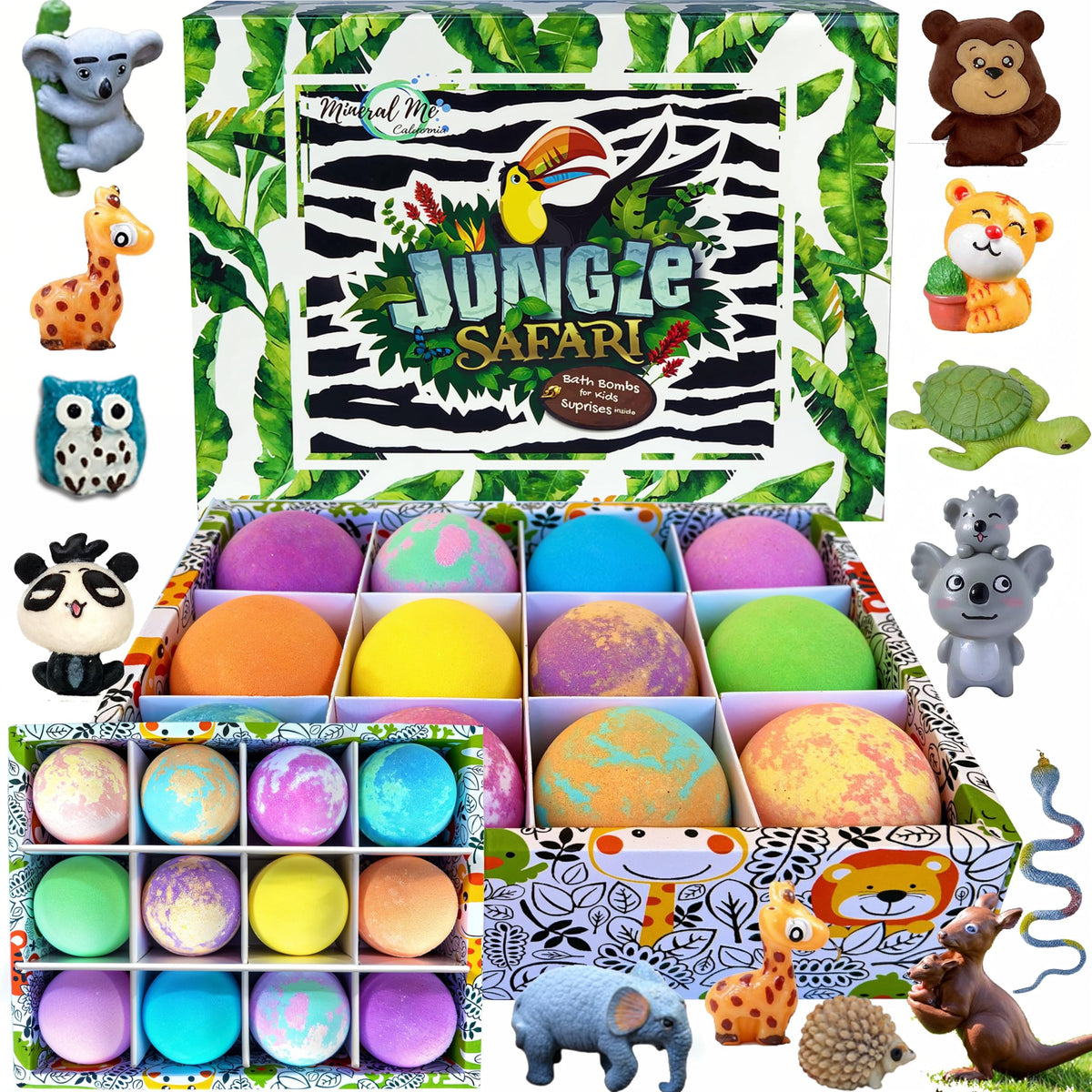 Mineral Me California front packaging showing 12 colorful bath bombs and toy promise