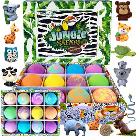 Mineral Me California front packaging showing 12 colorful bath bombs and toy promise