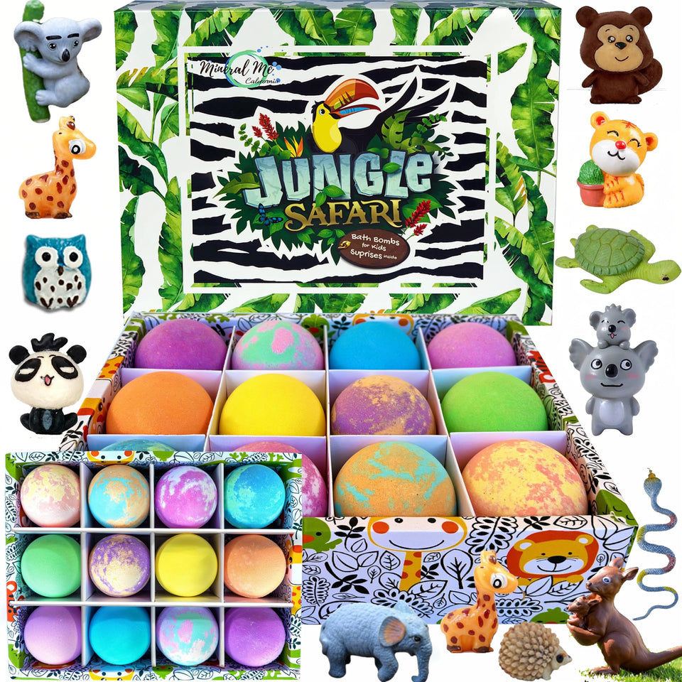 Mineral Me California front packaging showing 12 colorful bath bombs and toy promise