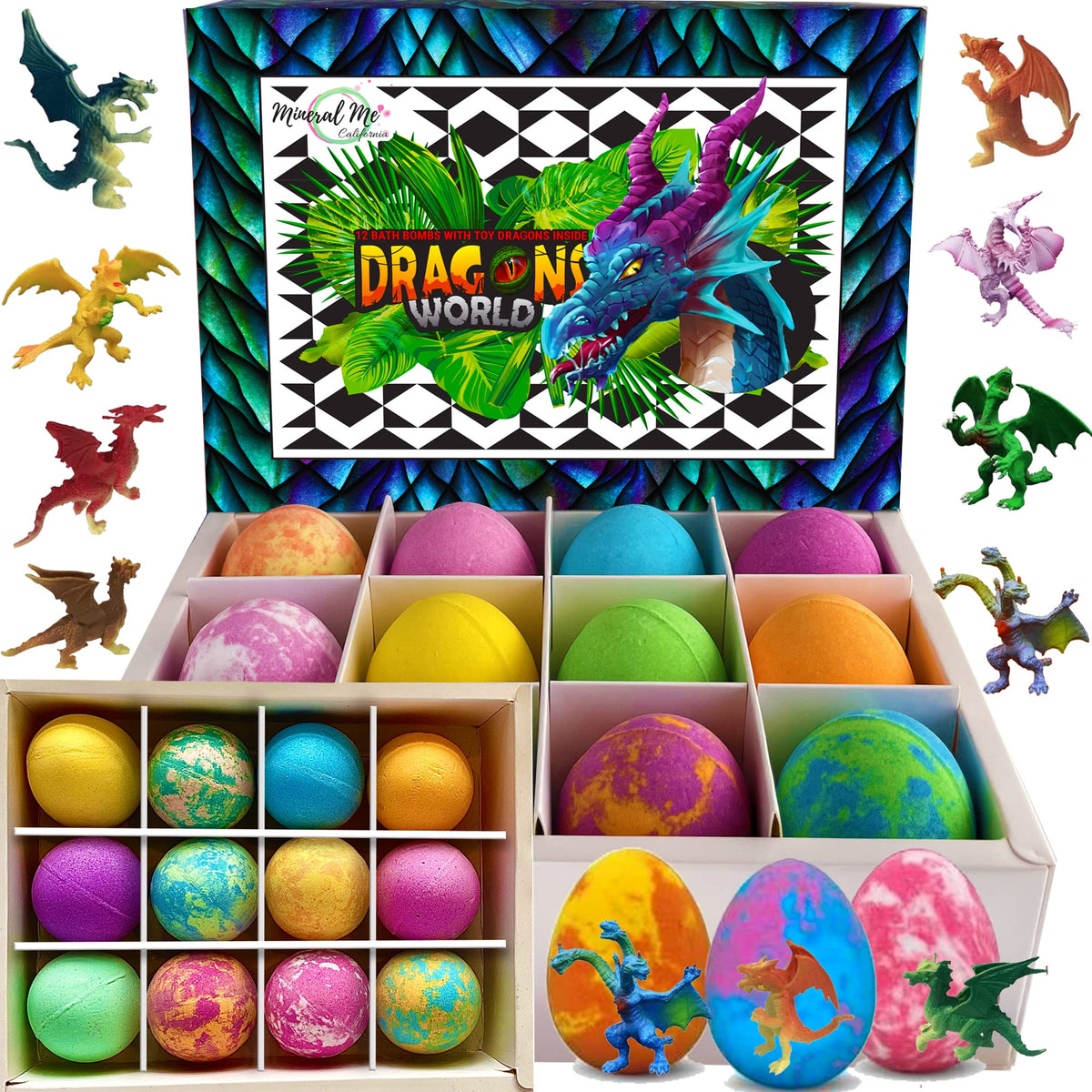 Mineral Me California front packaging showing colorful bath bomb assortment and benefits