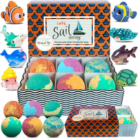 Mineral Me California front packaging showing six colorful bath bombs and toys for fun