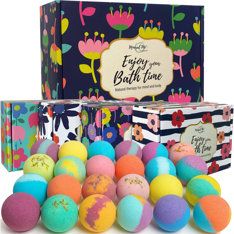 Mineral Me California front packaging showing 24 gift-ready bath bombs, perfect for gifting