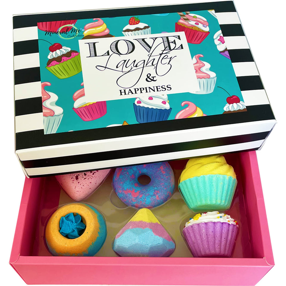 Mineral Me California front packaging showing gift-ready box and six bath bombs
