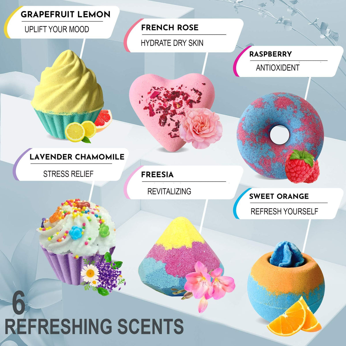 Mineral Me California close-up of a single bath bomb texture and playful design benefits