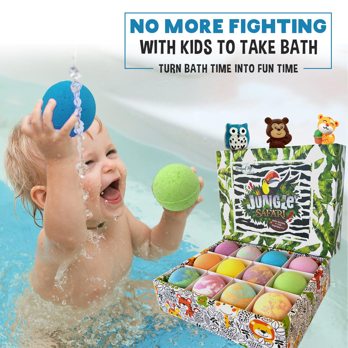 Mineral Me California bath bomb held in child hand showing true size and safety
