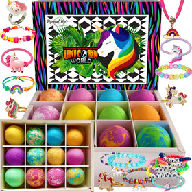 Mineral Me California front packaging showing 12 colorful unicorn bath bombs and gift-ready box