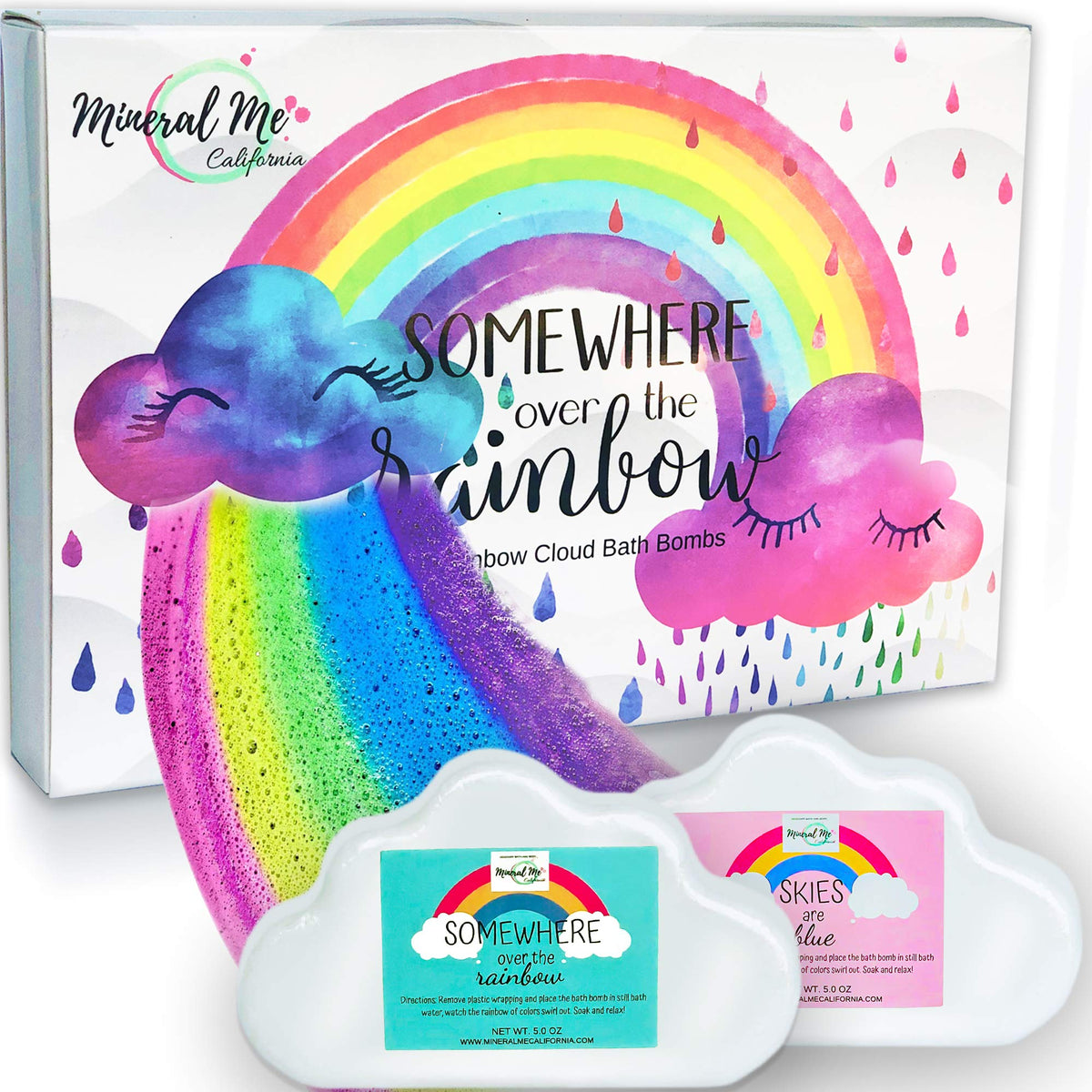Mineral Me California front packaging showing cloud bath bomb and gift box benefits