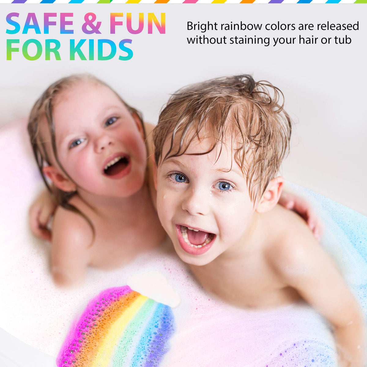 Mineral Me California bomb fizzing in bathtub producing bubbles and colorful fun