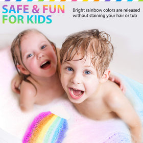 Mineral Me California bomb fizzing in bathtub producing bubbles and colorful fun