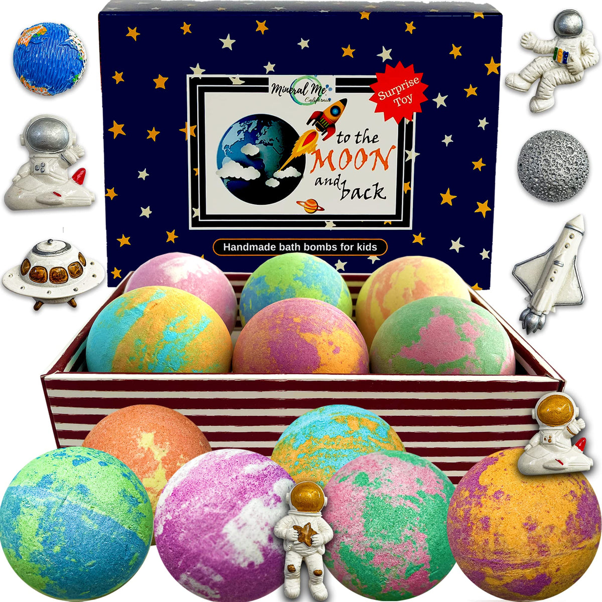 Mineral Me California front packaging showing colorful galaxy bath bomb set and toys, appeals as a gift