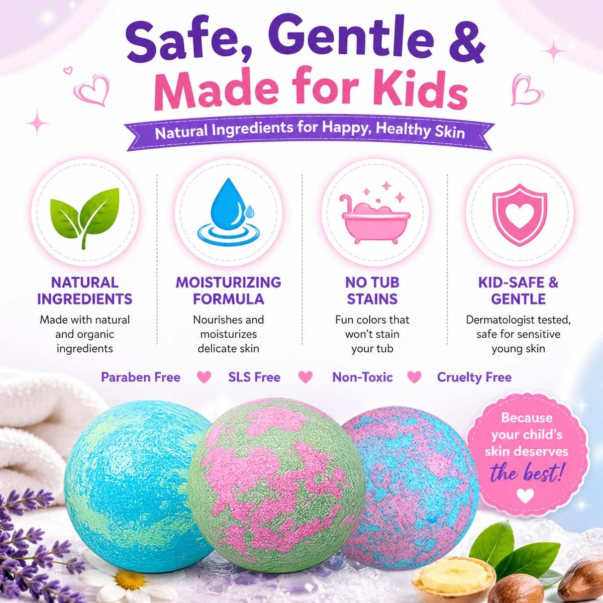 Mineral Me California six colorful bath bombs laid out, variety of fruity scent options