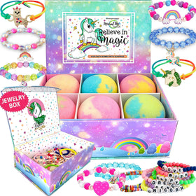 Mineral Me California front packaging showing six unicorn bath bombs and jewelry box, fun gift