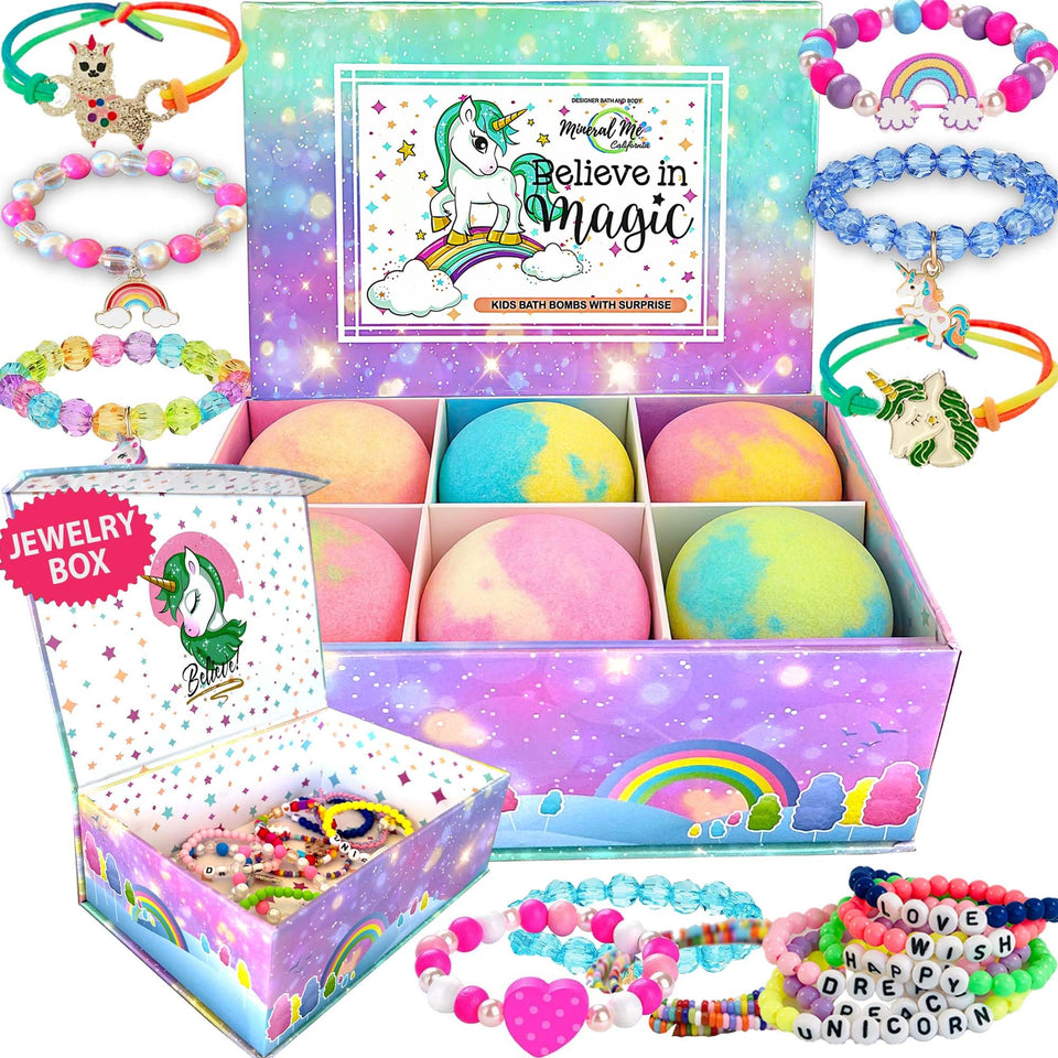 Mineral Me California front packaging showing six unicorn bath bombs and jewelry box, fun gift