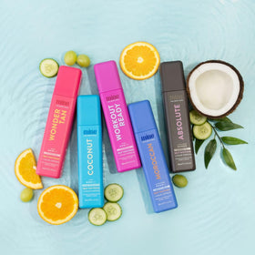 MINETAN BODY.SKIN in a gym bag setting indicating sweatproof, workout-ready formula