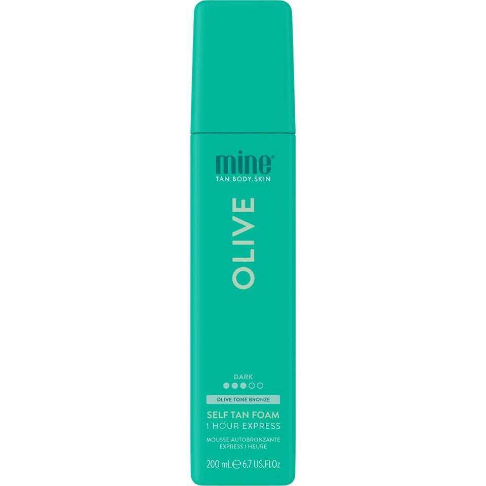 MINETAN BODY.SKIN front packaging showing olive 1 hour express foam and benefits