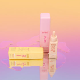 MINETAN BODY.SKIN bottle with rose and vitamin C visuals for ingredient clarity