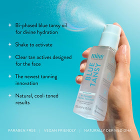 MINETAN BODY.SKIN mist sprayed onto face demonstrating even coverage and quick-dry benefit