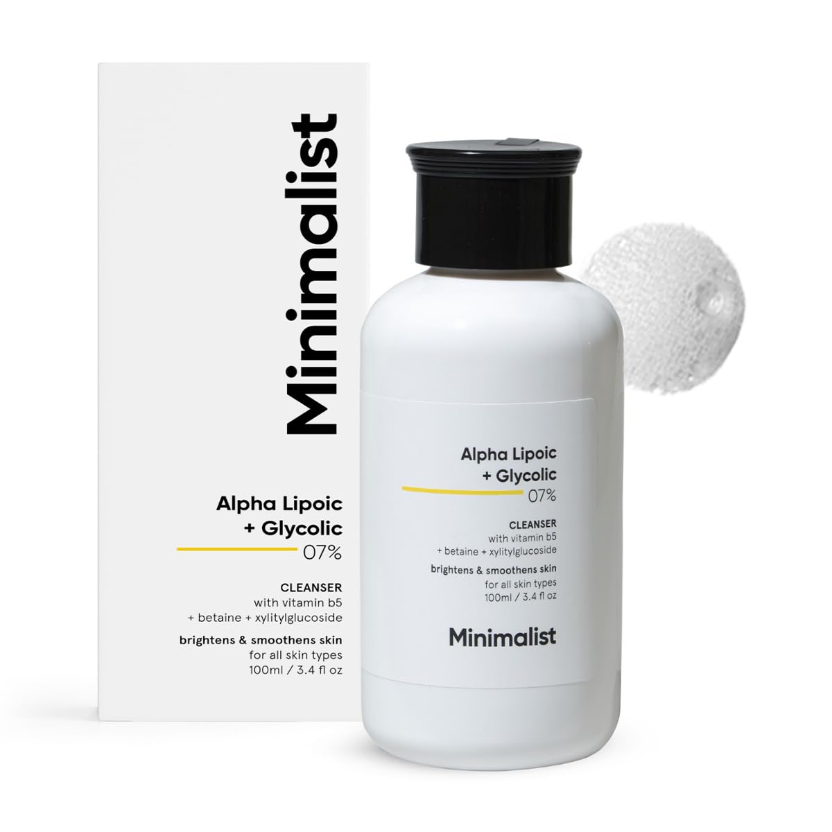 Minimalist front packaging showing brand and cleanser benefits for brightening