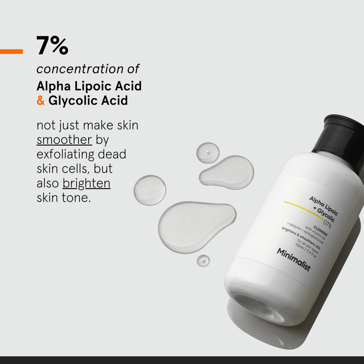 Minimalist label ingredient panel showing ALA and glycolic acid clarity