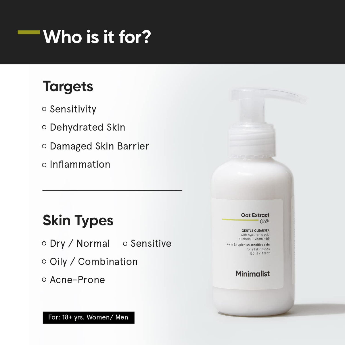 Minimalist face wash pump and label detail highlighting ingredient clarity benefit